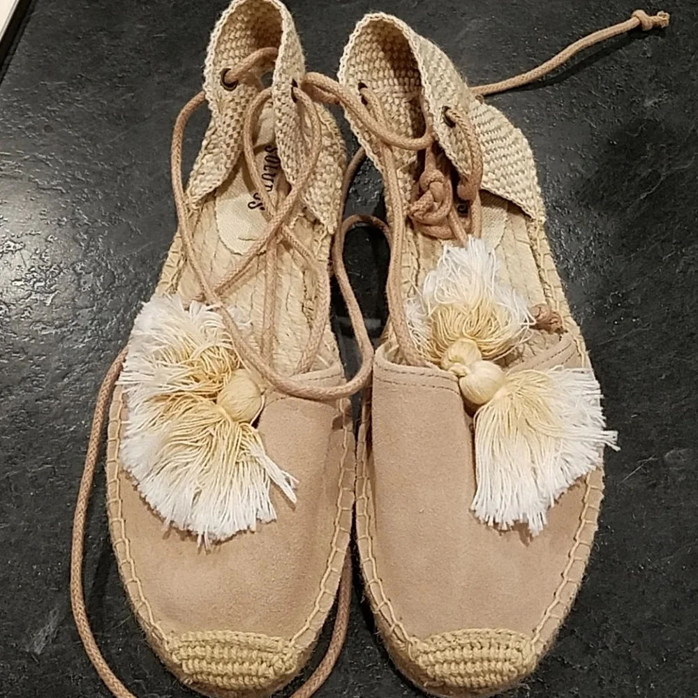 Soludos Beige Suede Espadrille Lace-Up Pom Pom Flats